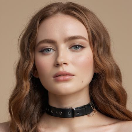 Professional portrait photograph of a woman with wavy long hair with a thin leather choker around her neck and has (glossy lips), Nikon Z9, looking at the camera, realistic matte skin, (highly detailed), ((skin texture)), (sharp focus), high-res