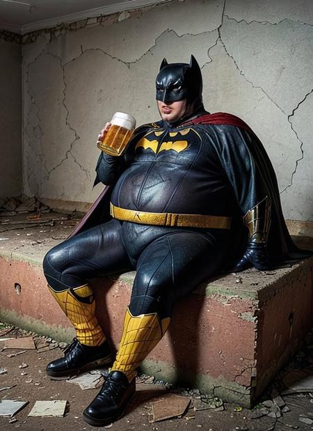 score_9, score_8_up, score_7_up, score_6_up,  score_4_up, (very fat:1.6), (batman:1.2), (drunk, drinking beer:1.4),  sad, tired, angry, Sitting on the couch,  (batman clothes:1.6), (An abandoned room with scuffed walls:1.4),  ultrarealistic, realistic lighting,  sharp focus,     <lora:more_details:0.3>  
