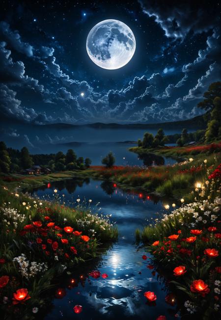 Night time, cloudy night, stars, crystal clear blue lake surrounded by grass and flowers, the moon is reflected on the lake's water, large glowing full red blood moon
Photorealistic, Highly detailed, masterpiece, 4k, high resulution, great lighting,