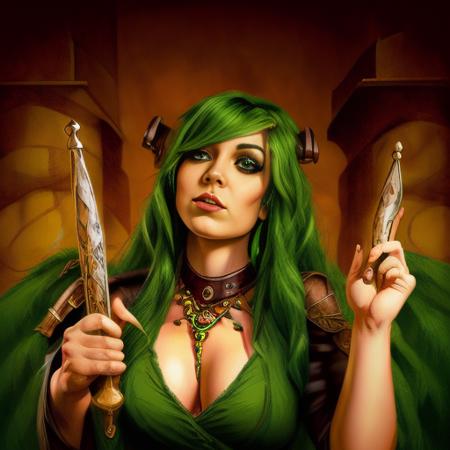 human female bard with green hair and dark brown eyes, fantasy art, dungeons and dragons, portrait