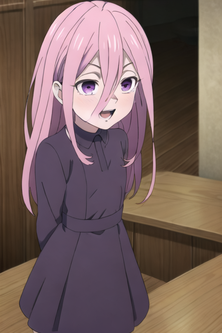 pink hair, long hair, hair between eyes, anime coloring, 1girl, purple eyes, ponytail, bangs, v-shaped eyebrows