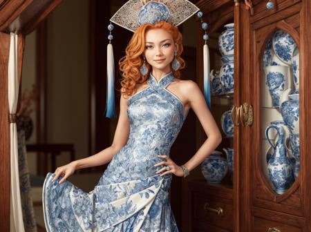 HUD_ch1na, asymmetrical blue and white chinoiserie porcelain colored strapless dress, brocade, pleated ruffle skirt, bare shoulders, jewelry,  earrings, ring, large intricate metal carved  jeweled headdress with one tassel on each side