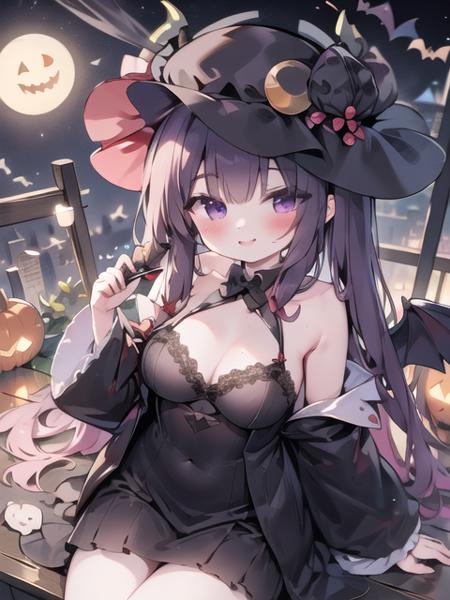 masterpiece, best quality, ultra detailed, high res, <lora:Patchi V1:1>, (((Patchi))), halloween black dress, bat harpin, bat wings, at night, candies, smiling