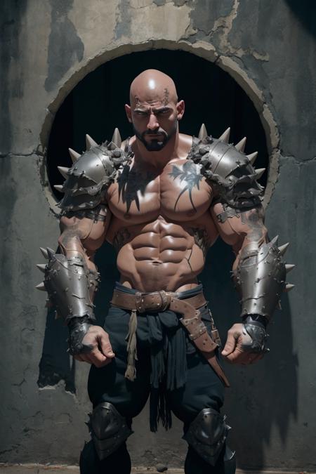 masterpiece, best quality, dark skin, 1boy, male focus, solo, abs, muscular, muscular male, bara, weapon, pectorals, mature male, feet out of frame, scar, facial hair, topless male, large pectorals, pants, tattoo, thighs, gauntlets, nipples, navel, electricity, mechanical arms, biceps, stomach, clenched hand, thick thighs, bald, beard, scar on face, prosthesis, armor, lightning, horns, scar across eye, short hair, shoulder armor, shoulder spikes, manly, spikes, looking at viewer, leg armor