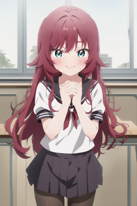 masterpiece, best quality, 1girl, solo, school uniform, long hair, white sailor collar, skirt, Green eyes, Red hair, pantyhose, High School classroom, Beautiful background, looking at viewer, serafuku, pleated skirt, blush, sailor collar, bangs, bow, short sleeves, shirt, Aqua eyes, red bow, steepled fingers, Smile, black skirt, black shirt, hands up, black serafuku, bowtie, black pantyhose, standing, brown pantyhose, red bowtie, own hands together, collarbone, cowboy shot, blue skirt, straight hair