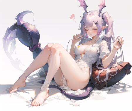 masterpiece, best quality, 
1girl, solo, breasts, tail, shirt, cum, one eye closed, bandages, hairclip, white shirt, blush, bandaged leg, white background, after sex, simple background, lying, bottomless, monster girl, looking at viewer, ass, large breasts, cumdrip, thighs, short sleeves, cleavage, medium breasts, full body, cum on body, collarbone, barefoot, cum in pussy
<lora:ArknightsManticoreNREG128:0.8>