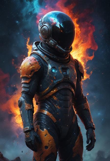 In the depths of the cosmic void, where ancient civilizations lie dormant and forgotten, an otherworldly figure emerges clad in a spacesuit adorned with vibrant hues. Its face, resembling a swirling black hole with flames dancing within, exudes an aura of enigmatic power and cosmic energy. Rendered in a whimsical mix of styles inspired by artists like Jean Baptiste Monge and Ismail Inceoglu, the character design captivates with its hyperdetailed features and vivid colors. Against a backdrop of swirling nebulae and distant galaxies, its presence a masterpiece of imagination and artistry. Trending on ArtStation, this hyperrealistic depiction of an alien creature combines the fantastical with the photorealistic, inviting viewers to explore the wonders of the cosmos in stunning 4K resolution.