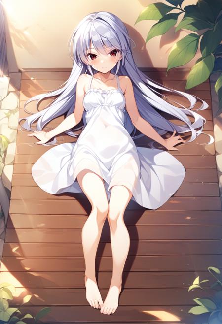 kazami kazuki, silver hair, long hair, red eyes, school uniform, black bow sundress white kneehighs