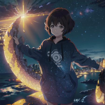 masterpiece,best quality,bright colors,space,starry sky,star( sky),cinematic lighting, extremely detailed CG unity 8k wallpaper,solo,smile, sky, cloudy_sky, building, moonlight, moon, night, (dark theme:1.3), light, fantasy,Nishimiya,1girl,solo,short hair,brown hair,detailed hair,brown eyes,black hoddie,lookind at viewer,close up,   <lora:ShoukoNishimiya :0.7>