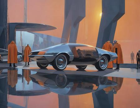 <lora:syme:0.6>syme, people, retrofuturistic car, large structure, reflection