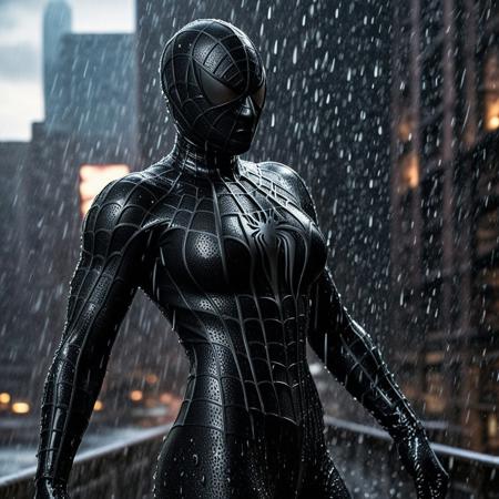 score_9, score_8_up, score_7_up, best quality, realistic, masterpiece, beautiful detail, hyperrealistic, rainy scenery, ((1girl, woman body, big breasts)), amazing detailed full body portrait of a beautiful girl, wearing a realistic and highly detailed black raimi spider-man suit, ((huge muscular girl)), ((wears black spiderman mask)), professional model wears ultra - detailed black raimi spider - man suit, ultra - detailed and grained black raimi spiderman suit, suit covered entire body and hand, black spiderman gloves, wet, (cute dance pose), (full body), (dirty skin), octane render, highly detailed, volumetric, dramatic lighting, (highest quality:1.1), (HDR:1.3), (top quality, best quality), realistic, high definition,