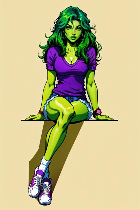 Comistyle, 1girl, can, cleavage, colored skin, full body, green hair, green lips, green skin, holding, long hair, looking at viewer, purple shirt, purple sweater, shirt, shoes, shorts, sitting, sneakers, socks, solo, sweater, v-neck, watch, white footwear, wristwatch, yellow background, masterpiece, best quality , official art , <lora:ComiDusk:0.8>