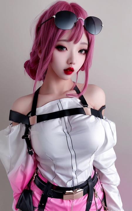 1girl, solo, masterpiece, best quality, realistic, bangs, strap, off_shoulder, gradient, gradient_background, white_shirt, sunglasses_on_head, makeup, lipstick, pink_hair, big breasts,  parted_lips, <lora:kfuka_lora-000002:0.7>