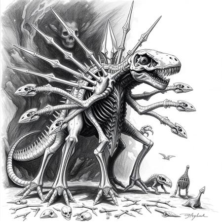 weird cryptic sketch, fantasy, fossils, animals, multi armed, spikes, regenerative crystals, multiple dinosaur skeletons, 200 legged creature with dinosaur skulls on the ends, spines, bones, creature, ribs, ugly