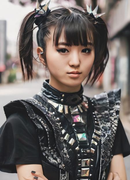 realistic, photorealistic, detailed, beautiful, RAW photo, film grain, (natural lighting :1.2), japanese, woman, raw photo, photo background, twintails, m0akiku, punk style, black outfit, 20 years old, detailed black eyes,  bokeh, baby metal, <lora:m0akiku -000008:1>