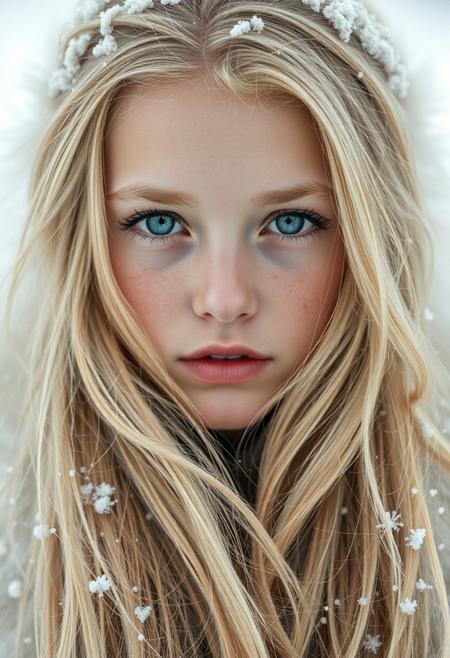 portrait of a 21 year old scandinavian girl with long blond sunburned natural fur all over her face,
stunning bright eyes and clear pupils, arctic background an snowflakes.