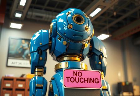 A large blue and gold robot statue, spherical head, cylindrical body, intricate mechanical details, industrial strength. Centered in a room, a pink sign with white text "NO TOUCHING" is prominently placed before it. Blurred background elements. Cinematic shot, shallow depth of field, captivating studio lighting. Detailed matte painting, concept art, golden ratio composition. Octane Render, Unreal Engine 5, CGSociety, Artstation trending, 4K, high detail.