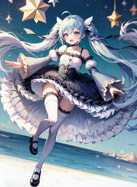 (masterpiece:1.2), (best quality:1.4), cute quality, cowboy shot, reflection, nice environment, full body, 1girl, solo, yuki_miku,  <lora:Yuki_miku-09:1.255>, ((twintails)), blue eyes, blue hair, absurdly long hair, very long hair, ((snowflake hair ornament)), white legwear, blue footwear, ((gradient hair)), puffy sleeves, detached sleeves, sleeveless, hair ornament, happy holidays, convenient censoring, ahoge, star \(symbol\), lace-trimmed legwear, floating,