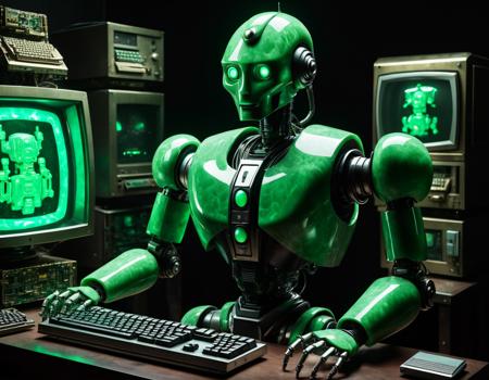a robot  in a dark room full of vintage computers  (made of glowing green Obsidian Jade:1.3) <lora:Obsidian_Jade_Style:1> <lora:add-detail-xl:1>