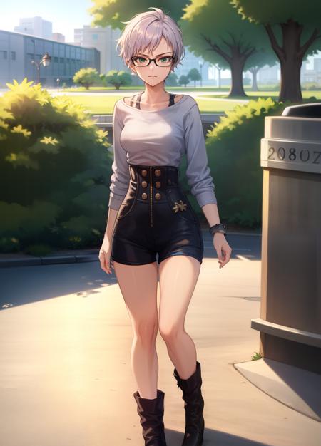 ((masterpiece,best quality)), dynamic angle, 1girl, <lora:phize-15:0.8>, phiztd, outdoors beautiful green park, looking at viewer, serious, sweater, high-waist_shorts , glasses, black_footwear