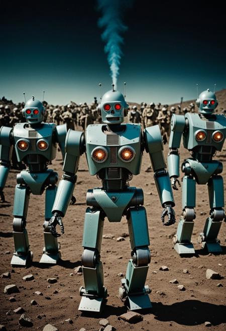 ((Film poster including a dynamic photograph from a colorized, 1939 horror film called "Battle of the Macabre Robots", 
[(Cinematic still), (photograph from a 1939 film) (using 35mm film stock), (using fixed focus prime lenses), (1.37:1 aspect ratio),  ((colorized with 1939 style Technicolor) (three strip technicolor: capturing the red, green, and blue components of the scene on three separate strips of black-and-white film, later combined to create the full-color image appearance) , (retrofuturism), (retrofuturist))]