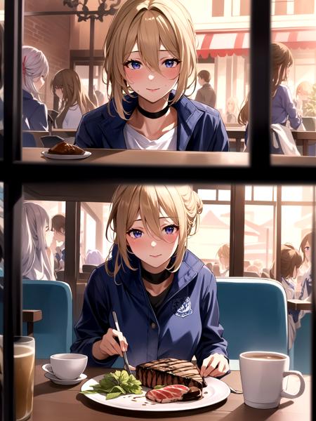 (masterpiece:1.2, best quality:1.1, highres, absurdres, high quality),(photorealistic:1.1),reflected light,colorful,ultra-detailed,8k,ultra hd,super detailed,Violet Evergarden,blonde hair,blue eyes,hair between eyes,indoors,cafe,sitting,steak on table,drunk,blush,<lora:violet_evergarden_v1:0.6>,<lora:hasumi:1>,Hasumi,