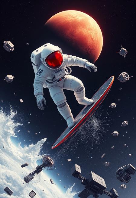 Digital artwork featuring a futuristic and dynamic scene. The layout is centered around an astronaut in a white spacesuit with a reflective red visor, riding a surfboard into a planets atmosphere. The background is a dark, starry expanse with a dull red planet in the distance. Surrounding the astronaut is the debris from a destroyed spacecraft, adding a sense of adventure and exploration. The overall style is highly detailed and vibrant, with a strong contrast between the dark space and the bright elements.