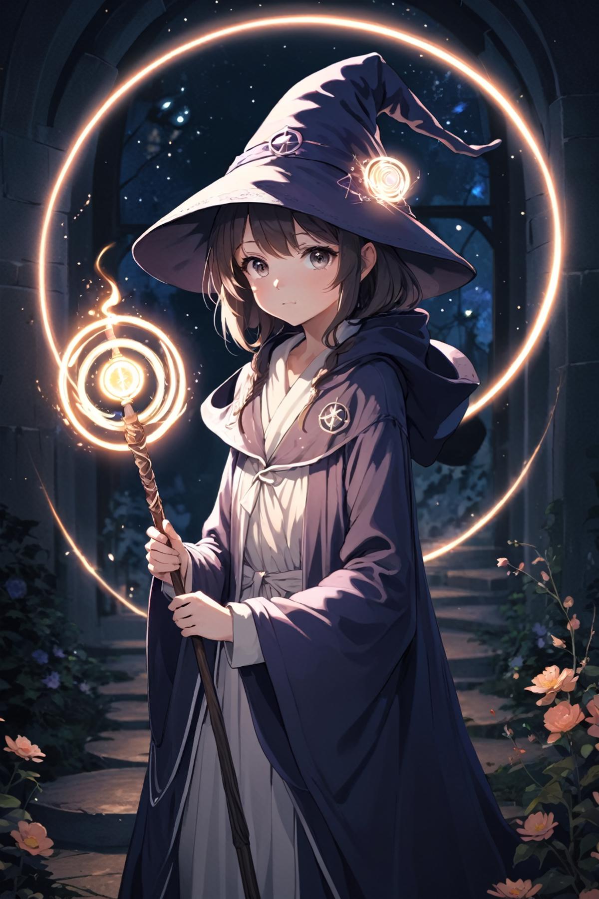 A young girl with a wand and a wizard's hat on.