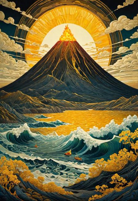very beautiful insanely detailed image of glowing seascape volcano in golden spring". beautiful golden mountains, bright dark yellow ornate sun, by Victo_Ngai, Oleksandra Ekster, Malevich, Vladyslav Yerko and Alexander Jansson, Vladyslav Yerko! Very Complex perfect elegant composition! linen gesso acrylic paper, epic Dramatic lighting! Razor-sharp quality insanely detailed, deep colors realistic masterpiece<lora:xl_more_art-full_v1:0.5>