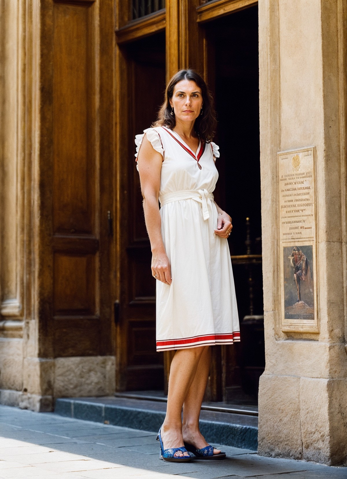 A stunning intricate full color portrait of (sks woman:1) in Florence, at the Duomo di Firenze, wearing Sailor dress and w...