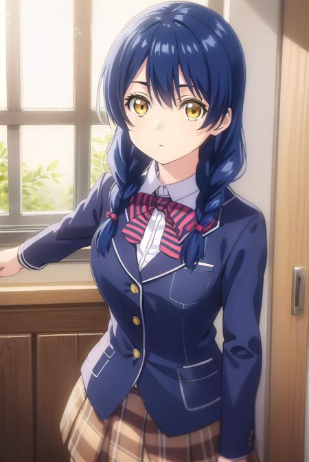 megumi tadokoro, long hair, blue hair, (yellow eyes:1.3), braid, twin braids, bow, school uniform, striped, bowtie, blazer, striped bowtie, blue blazer, brown skirt, plaid skirt, plaid, chef, pants, white pants,