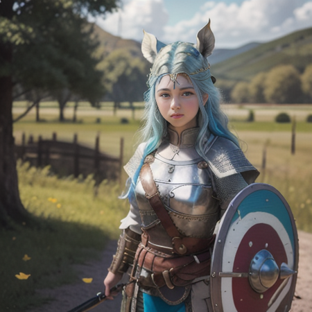 a vicking, standing in front  of medieval village, rainbow hair, full-length photo, 70mm lens, symmetrical, posing, sharp, textured skin,  realistic,intricated detailed ,(perfect fingers:1.2),  photographed by a Nikon Z7 II Camera,8k uhd,     <lora:Vicking-000006:0.8>