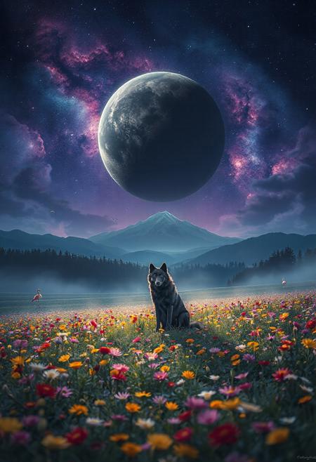 Positive Prompt:
masterpiece, best quality, ultra-detailed, cinematic, ethereal atmosphere, fantasy landscape, lone black wolf sitting in a colorful field of wildflowers at night, vibrant but soft flower meadow, vast open landscape, dreamy lighting, soft mist, glowing dark planet in a deep indigo and purple cosmic sky, swirling nebula clouds, stars scattered across the sky, majestic distant mountain, dark pine forest on the horizon, magical and mysterious mood, highly detailed, vibrant yet muted color tones, wide angle view, soft fantasy style, gentle illumination. 
Negative Prompt:
flamingo, bird, daytime, bright sunlight, cartoon, anime style, lowres, bad anatomy, blurry, overexposed, ugly, bad hands, bad paws, poor composition, extra limbs, low quality, grainy, saturated colors, text, watermark