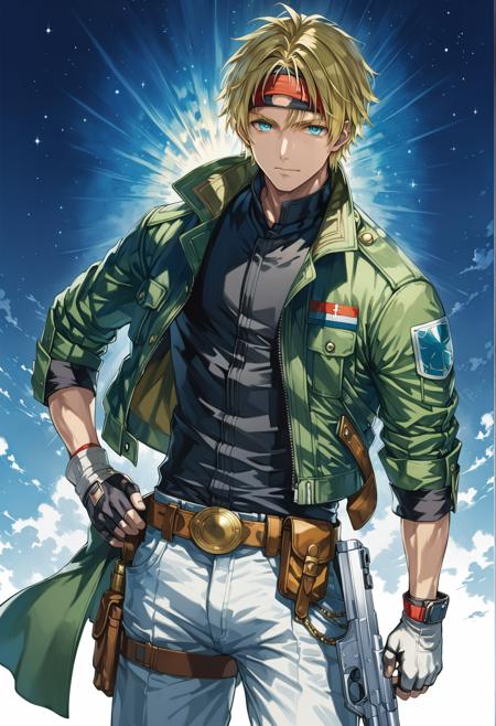 <lora:yukihiro_kajimoto_so2r_xl:1> star ocean, claude_kenny, 1boy, black_shirt, blonde_hair, blue_eyes, denim, fingerless_gloves, full_body, gloves, hand_on_hip, headband, military uniform, holstered gun, green jacket, male_focus, open_clothes, open_jacket, pants, shirt, intricate detail, cinematic lighting, amazing quality, amazing shading, detailed Illustration, official artwork, wallpaper, official art, extremely detailed eyes and face, beautiful detailed eyes, ((masterpiece, best quality)), upper body, white background, simple background