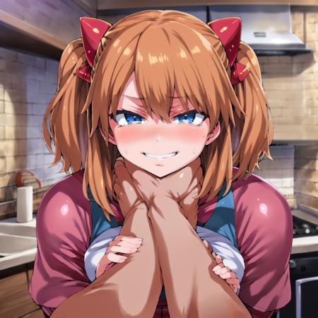 <lora:hll6.3-fluff-a7:1>, <lora:strangling-03:1>, best quality, high quality, by asanagi, 1girl, souryuu asuka langley, orange hair, blue eyes, looking at viewer, hair ornament, red body suit, oversized shirt, strangling, asphyxiation, standing, smile, smug, sweatdrop, spoken heart, pov, 1boy, photo anime background, in a kitchen