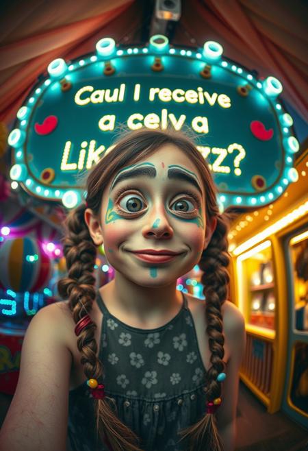 “A whimsical and surreal portrait of a girl with a distorted, comical face, featuring one eye larger than the other, vibrant face paint, and two playful braids. Captured using a 12mm fisheye cinematic prime lens for an exaggerated perspective. The setting is a lively carnival with colorful lights, whimsical decorations, and a dreamy atmosphere. A rotten, old light banner in the background displays the text: ‘Could I receive a Like or Buzz?’ in flickering, uneven letters. The colors and contrasts are enhanced for a surreal effect, inspired by a mix of playful and artistic styles, blending humor and visual artistry.”