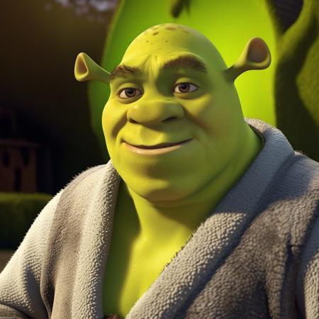 Shrek1024, wears a dirty bathrobe in a swap, mud,  detailed eyes, highly detailed, photography, ultra sharp, film, bokeh, professional, 4k  <lora:Shrek1024:0.8>