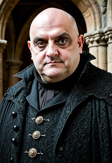 A  portrait photo of Uncle Fester from The Addams Family in muted colors. He is a bald man with a pale complexion, a slight smile, and dark circles under his eyes. He is wearing a high-collared, ornate medieval coat with decorative buttons and a frilly lace jabot. In the blurry background you can see a medieval vaulted chamber. The image should have a slightly grainy, vintage quality., aidmaImageUpgrader   <lora:hands5g:0.5> <lora:aidmaImageUpgraderSDXL-v0.3:1>