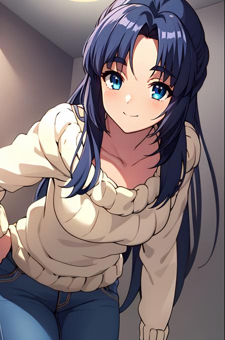 (exceptional, best aesthetic, new, newest, best quality, masterpiece, extremely detailed), 1girl, solo, asakuraryouko, sweater, jeans, leaning_forward, smile, looking_at_viewer, indoors