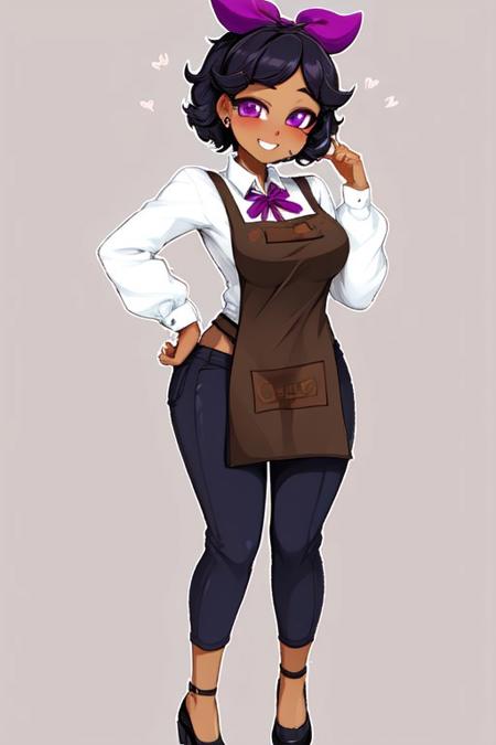 LotusCrushCrush, 1girl, solo, short hair, white shirt, black hair, long sleeves, purple eyes, hair ribbon, hair bow, collared shirt, pants, dark skin, apron, dark-skinned female, purple bow, brown apron, large breasts,