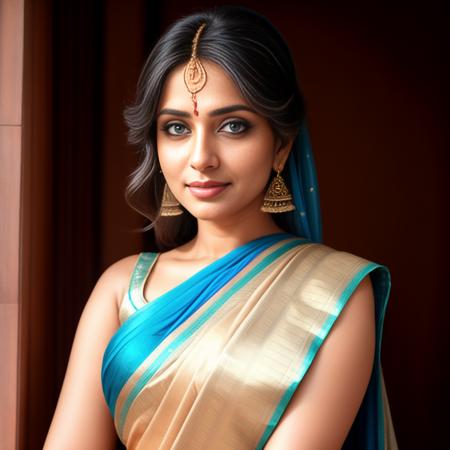 desidressed, high resolution photo of a woman, with blue eyes, in a sari