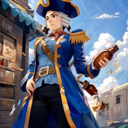 cptsmollet1, bottle, 1girl, large breasts, solo, highres, uniform, epaulettes, belt, holding ,
<lora:cptsmollet1:1>,, (masterpiece, best quality), official art,