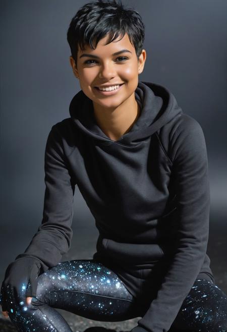 Award winning photography, closeup, 19 years old eveGilles woman, short black messed pixie haircut, trust but smiling anyway, female tech disruptor, wearing interstellar debris pattern quantum-tech leggings,  haptic feedback hoodie, nano-fiber track shoes,  , in chaotic subaquatic, cinematic, face focus, raw photo, <lora:eveGilles_r3:0.7>