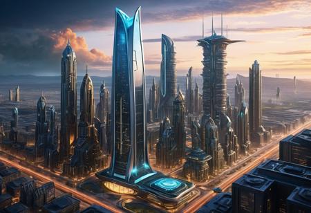 Incredibly Detailed Accurate photo Of A fancy future-styled skyscaper in 2084 with a ghost town bullt around it