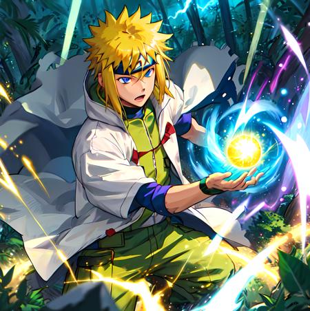 <lora:minato-000006:0.85>, 1man,spiked hair,yellow hair,energy blue ball with particles,green body armor,forehead protector,white short sleeve raincoat, forest, yellow lightning, night, blue eyes, action pose