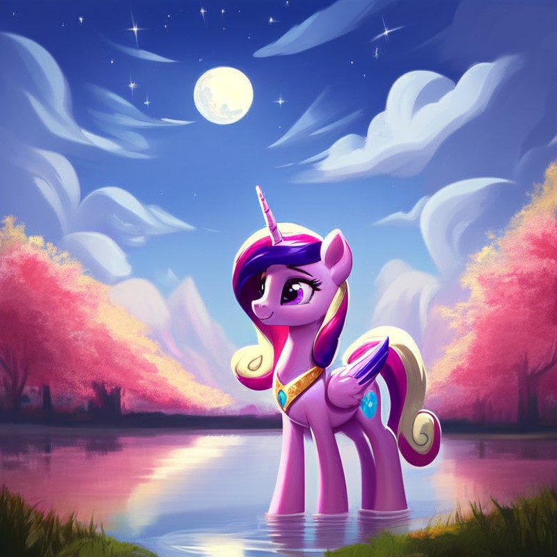 score_9, feral pony princess cadance swimming in a beautiful lake, reflections, (night), moon and stars, solo