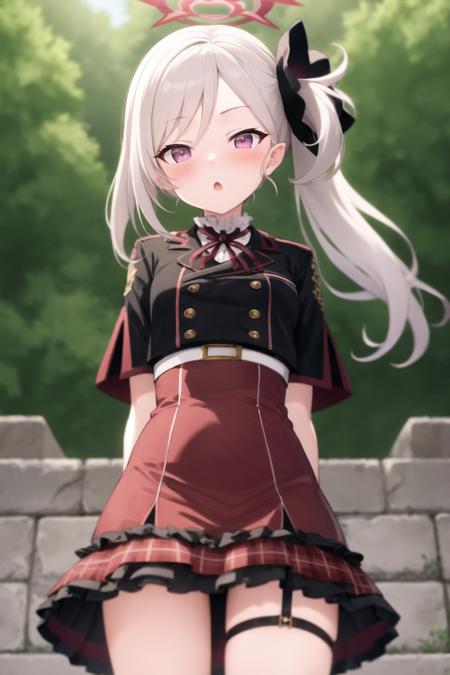 1girl, mutsuki,
halo, side ponytail, long hair, white hair, hair ornament, purple eyes, black jacket, short sleeves, frills, frilled skirt, red skirt, plaid skirt, thigh strap, outdoors, arms behind back, from below, :o, blush<lora:MutsukiBA-05:1>