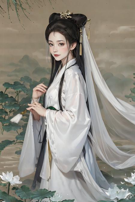 Baisuzhen white hanfu oil-paper umbrella veil