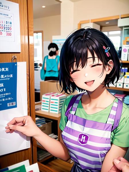 masterpiece, best quality, ultra-detailed, illustration,
SB1, 1girl, black hair, apron, indoors, striped shirt, shirt, open mouth, closed eyes, short hair, shop, purple shirt, calendar (object), smile, striped,
<lora:sento_V2:0.6>