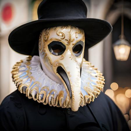 masterpiece, city of venice, pestdoctor wearing pest mask with long pointed nose dressed in colorful carnival costume, colorful, cozy outdoor lighting, logos, emblems, <lora:PlagueDoctor:0.7>